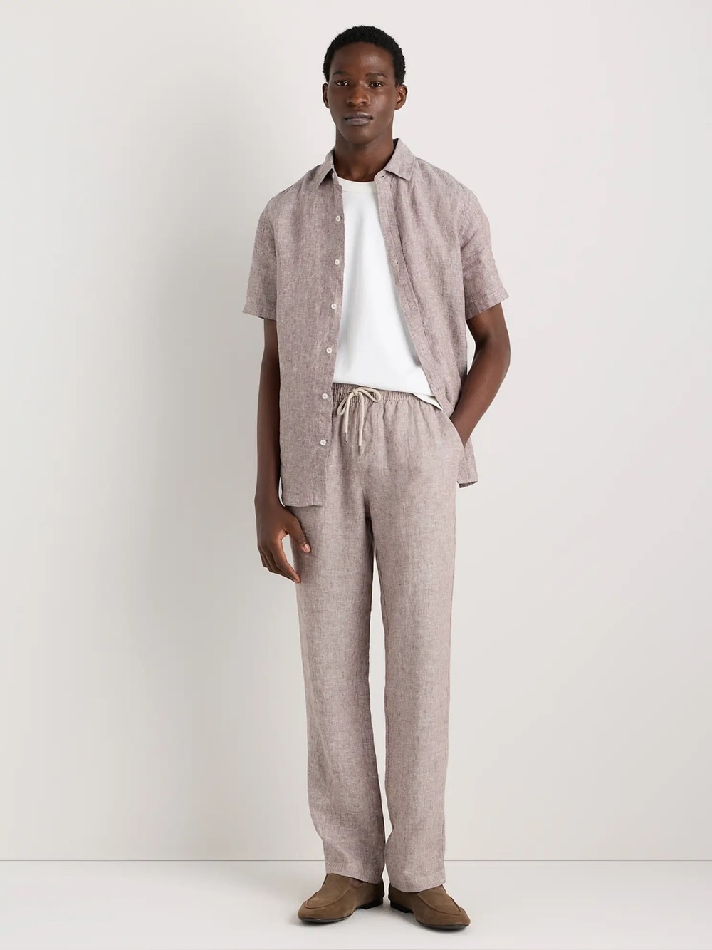QUINCE 100% EUROPEAN LINEN DRAWSTRING BEACH PANTS IN TAUPE BROWN CHAMBRAY
